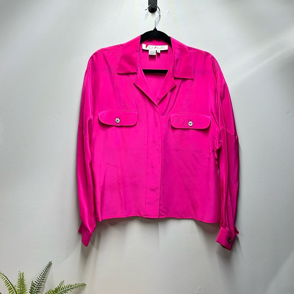 Chaus Vintage 100% Silk Hot Pink Collared Button Down Women's Barbie Blouse Sz S